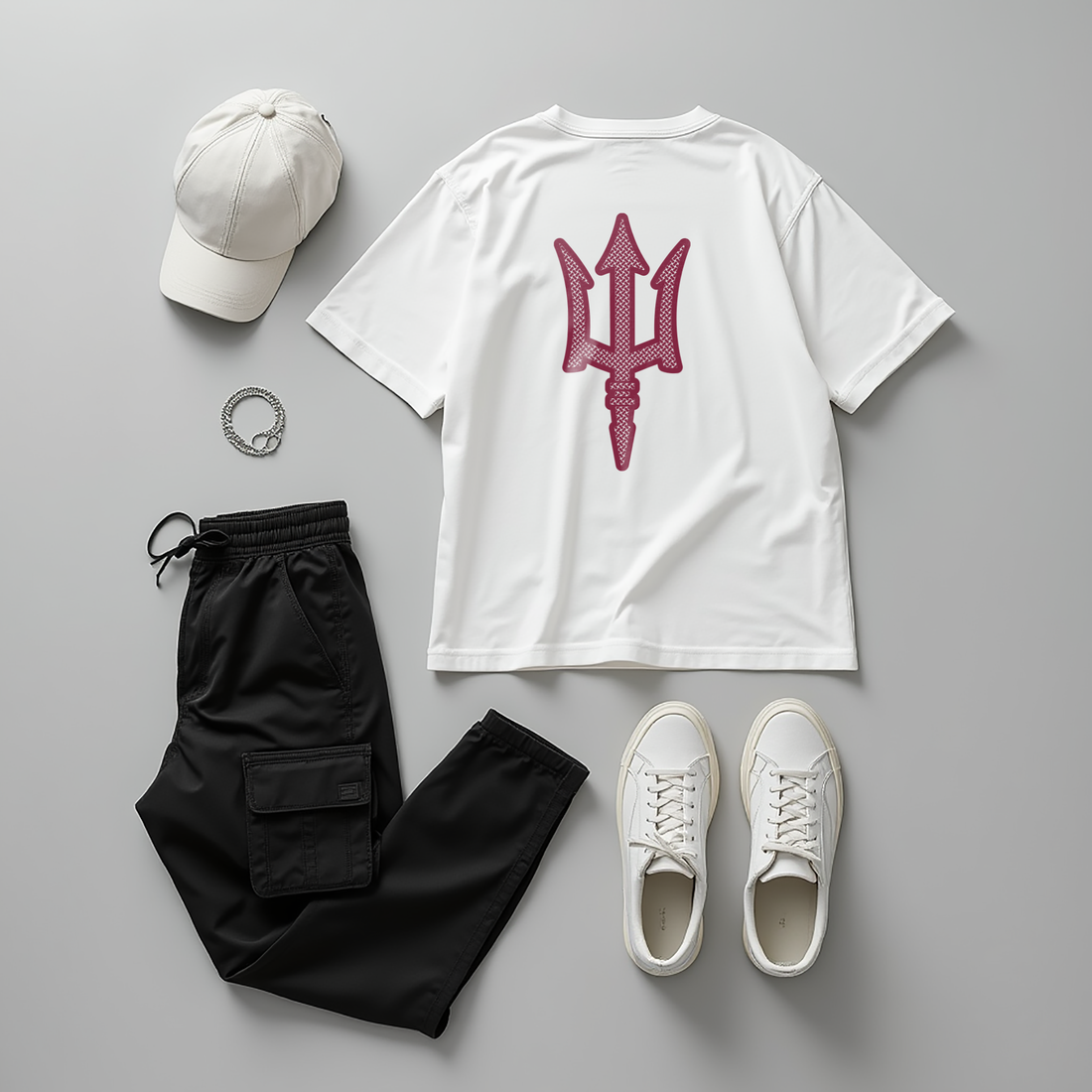 Composición minimalista sobre fondo gris con una playera oversize de algodón vista por la espalda, un pantalón cargo negro, una gorra blanca lisa, una cadena plateada simple y unos sneakers blancos colocados de forma armoniosa.